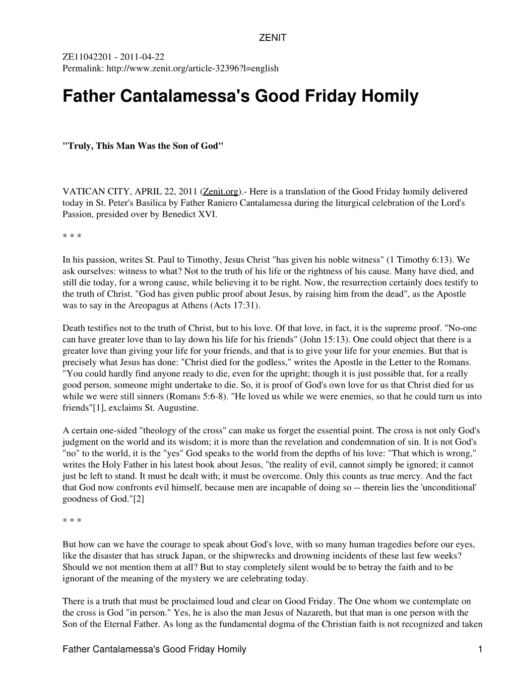 Father Cantalamessa's Good Friday Homily