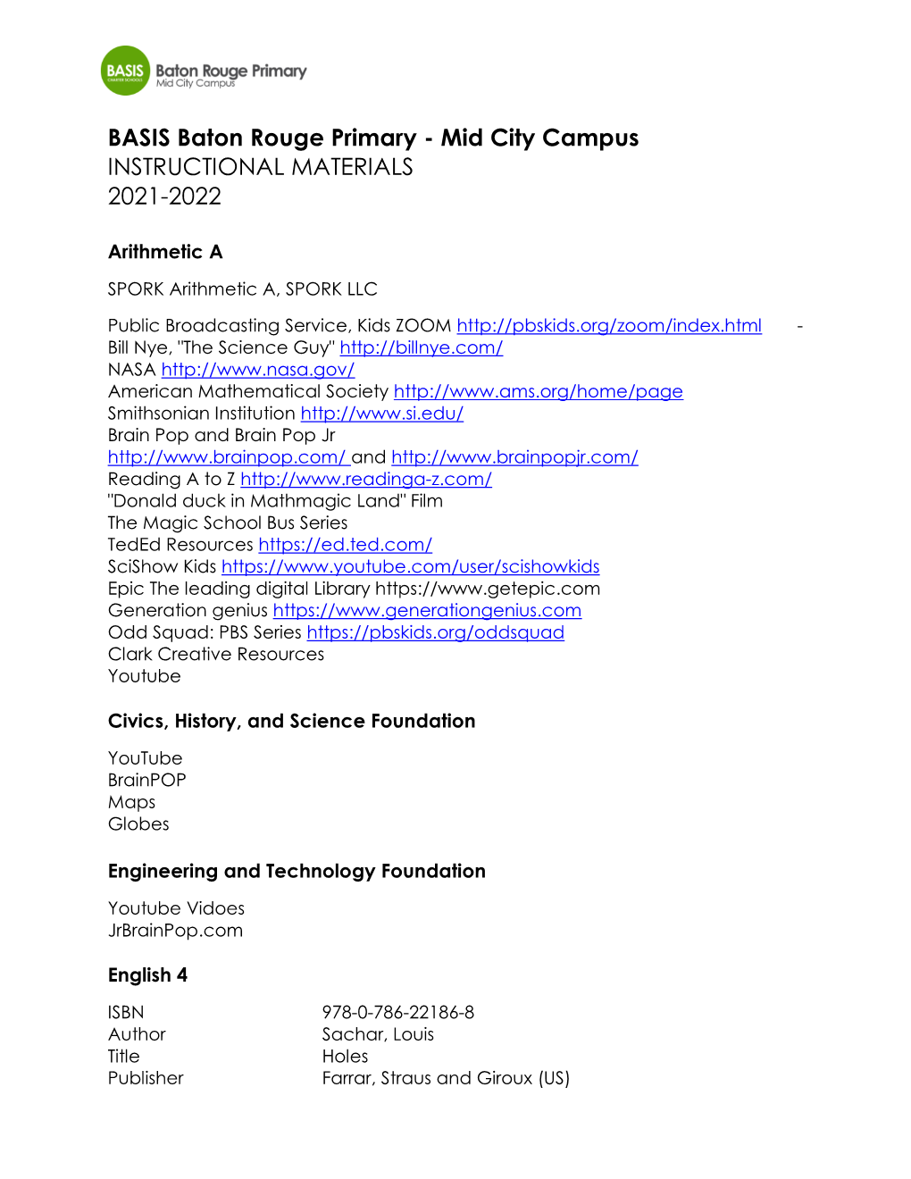 Mid City Campus INSTRUCTIONAL MATERIALS 2021-2022