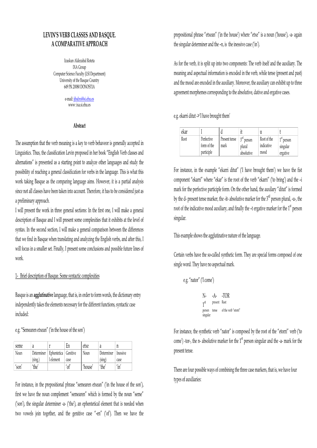 Levin's Verb Classes and Basque. a Comparative