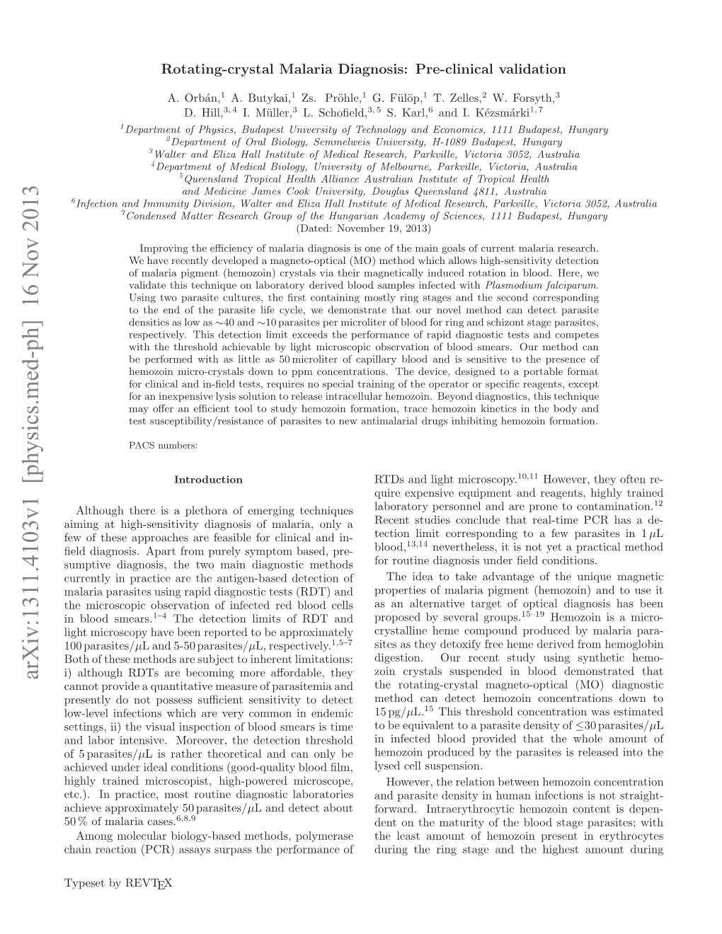 Rotating-Crystal Malaria Diagnosis: Pre-Clinical Validation