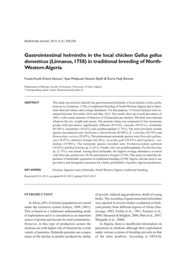 Gastrointestinal Helminths in the Local Chicken Gallus Gallus Domesticus (Linnaeus, 1758) in Traditional Breeding of North- Western Algeria
