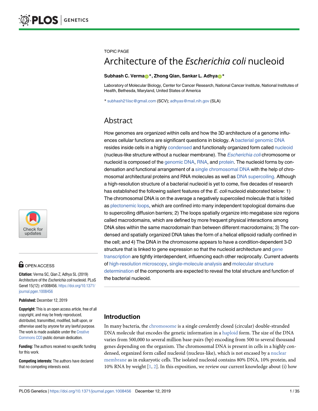 Architecture of the Escherichia Coli Nucleoid