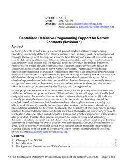 Centralized Defensive-Programming Support for Narrow Contracts (Revision 1) Abstract Reducing Defects in Software Is a Central Goal of Modern Software Engineering
