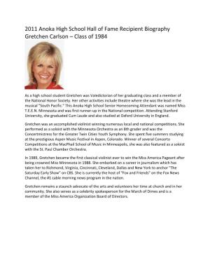 2011 Anoka High School Hall of Fame Recipient Biography Gretchen Carlson – Class of 1984