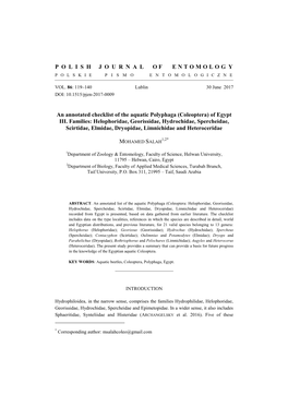 (Coleoptera) of Egypt III. Families: Helophoridae, Georissidae, Hydrochidae, Spercheidae, Scirtidae, Elmidae, Dryopidae, Limnichidae and Heteroceridae