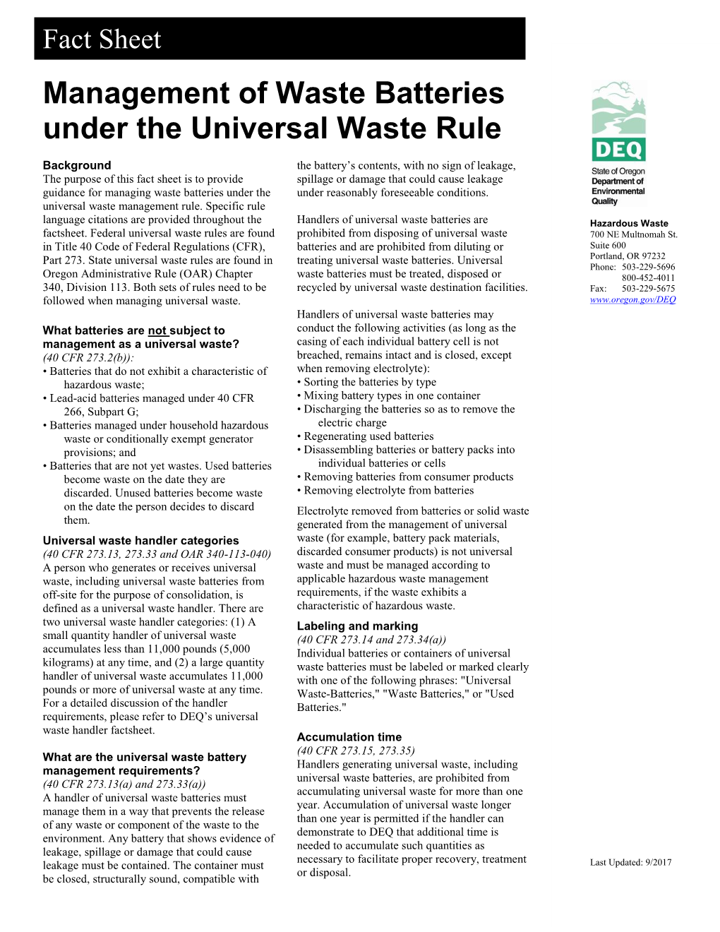 Management of Waste Batteries Under the Universal Waste Rule DocsLib