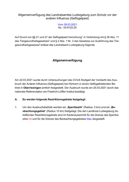 Allgemeinverfügung Des Landratsamtes Ludwigsburg Zum Schutz Vor Der Aviären Influenza (Geflügelpest)