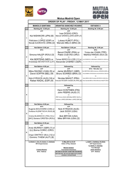 Mutua Madrid Open ORDER of PLAY - FRIDAY, 12 MAY 2017