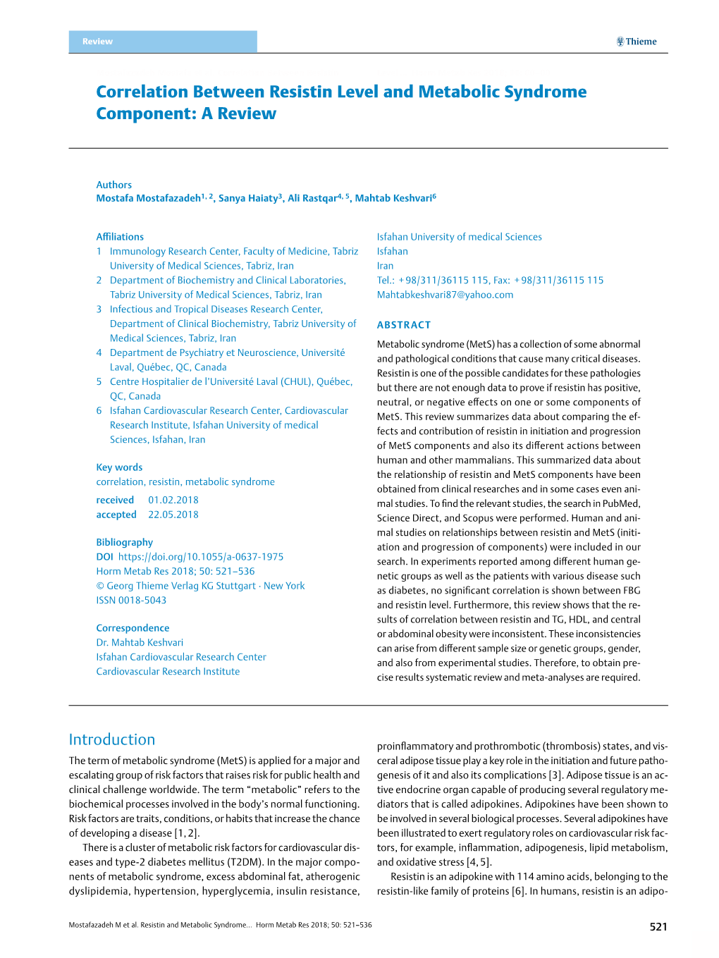 Correlation Between Resistin Level and Metabolic Syndrome Component: a Review