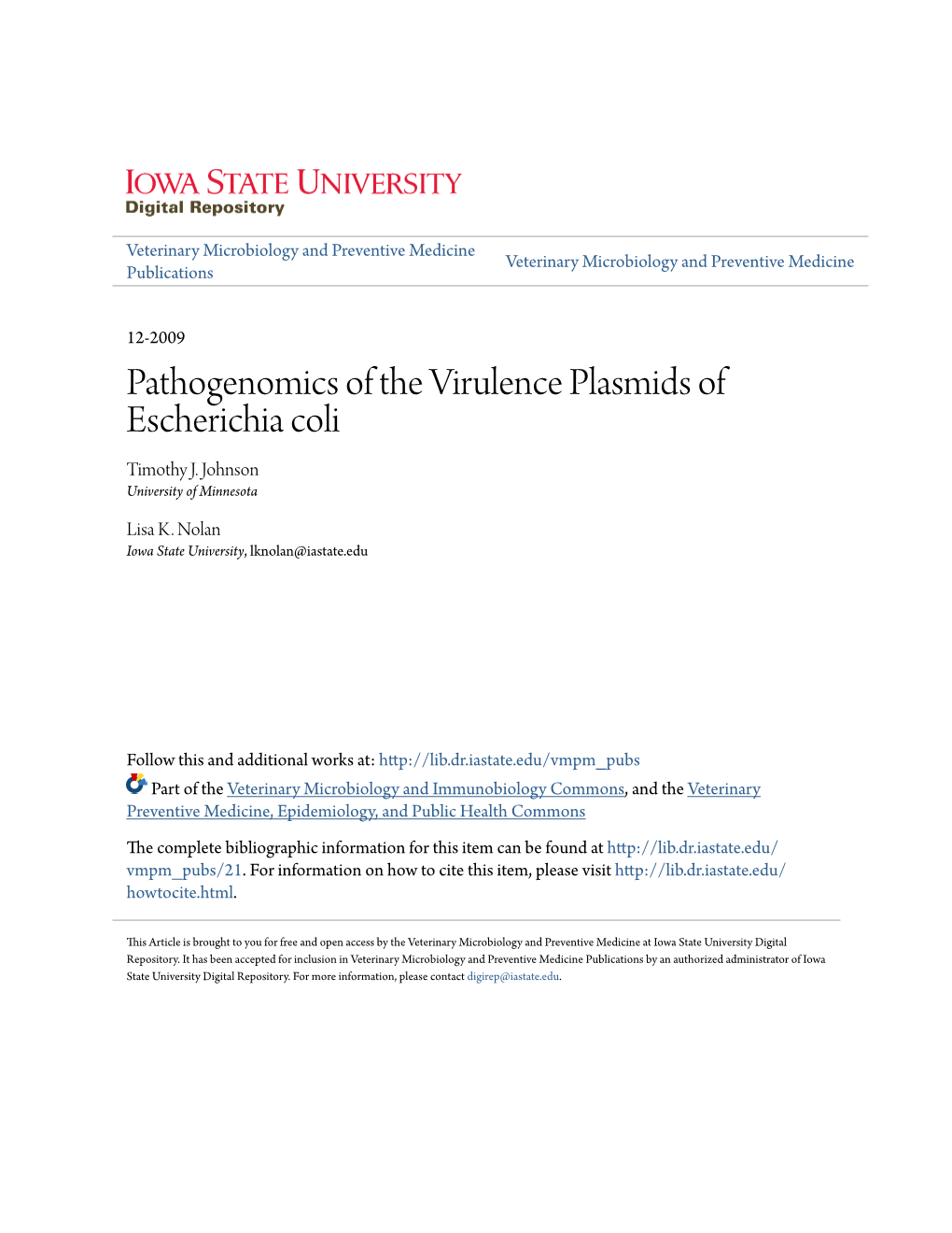 Pathogenomics of the Virulence Plasmids of Escherichia Coli Timothy J