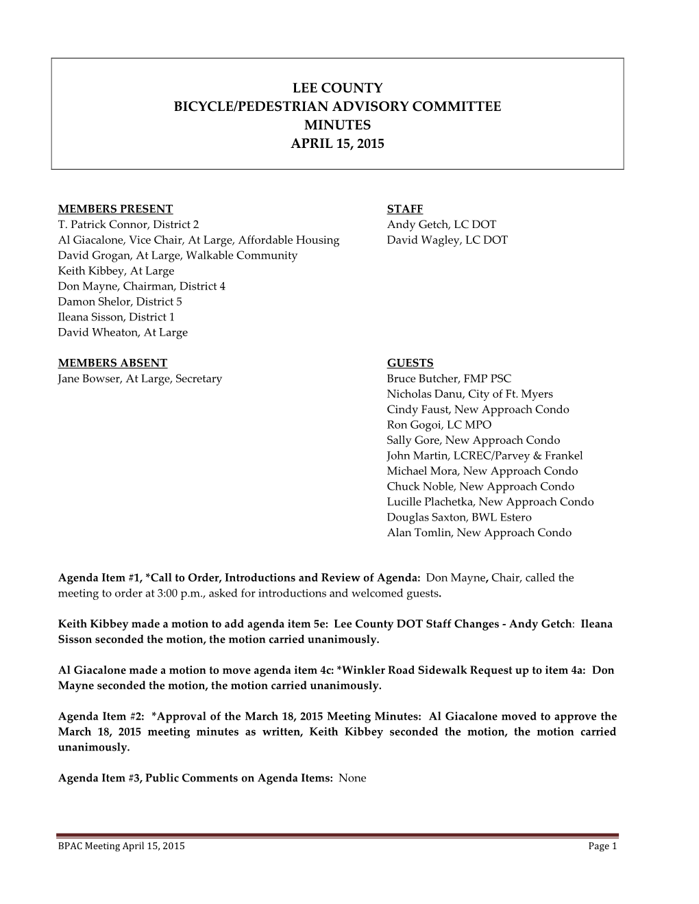 Lee County Bicycle/Pedestrian Advisory Committee Minutes April 15, 2015