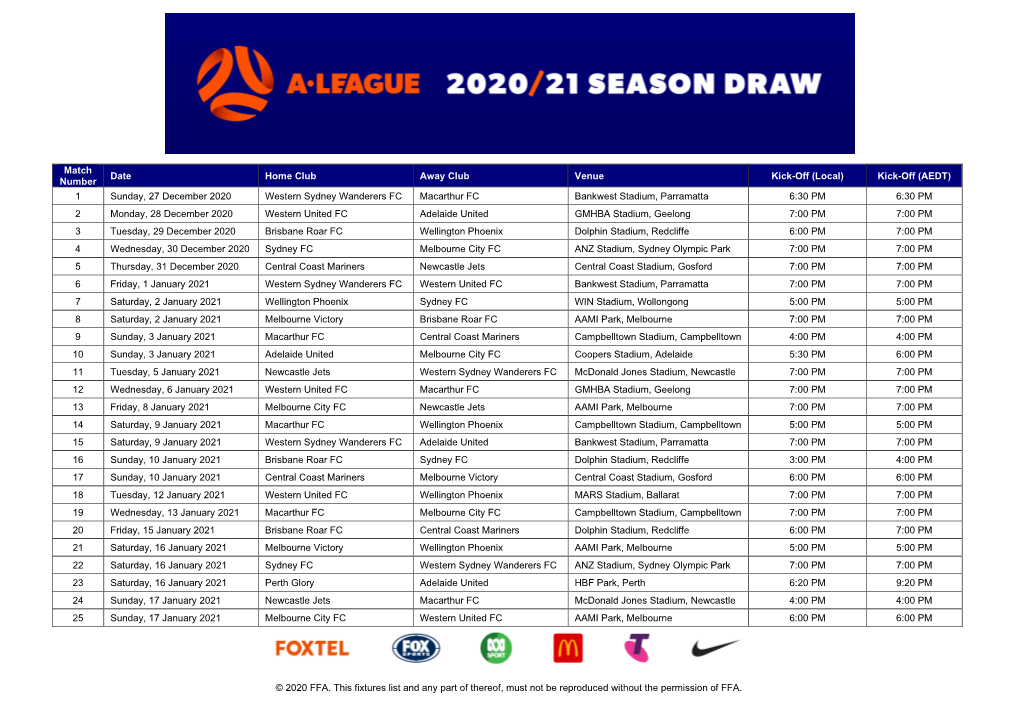 2020 FFA. This Fixtures List and Any Part of Thereof, Must Not Be Reproduced Without the Permission of FFA