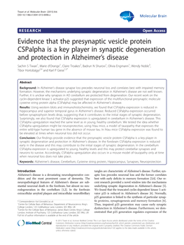 Evidence That the Presynaptic Vesicle Protein Cspalpha Is a Key Player in Synaptic Degeneration and Protection in Alzheimer's