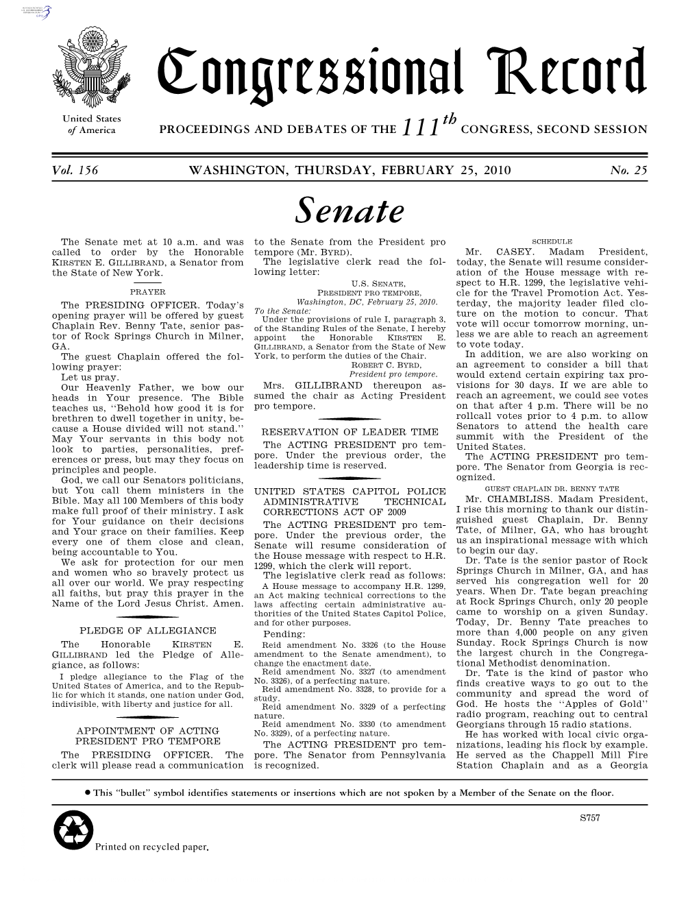 Congressional Record United States Th of America PROCEEDINGS and DEBATES of the 111 CONGRESS, SECOND SESSION