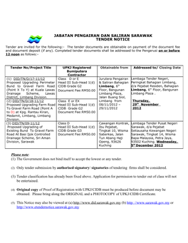 Jabatan Pengairan Dan Saliran Sarawak Tender Notice