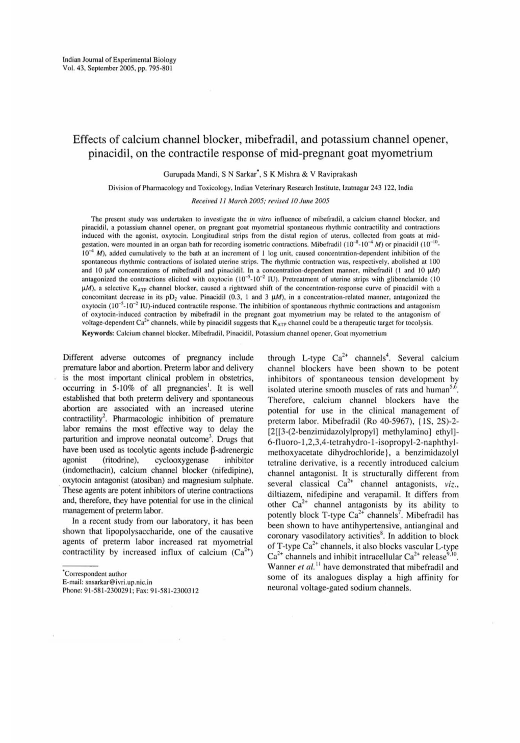 Effects of Calcium Channel Blocker, Mibefradil, and Potassium Channel Opener, Pinacidil, on the Contractile Response of Mid-Pregnant Goat Myometrium