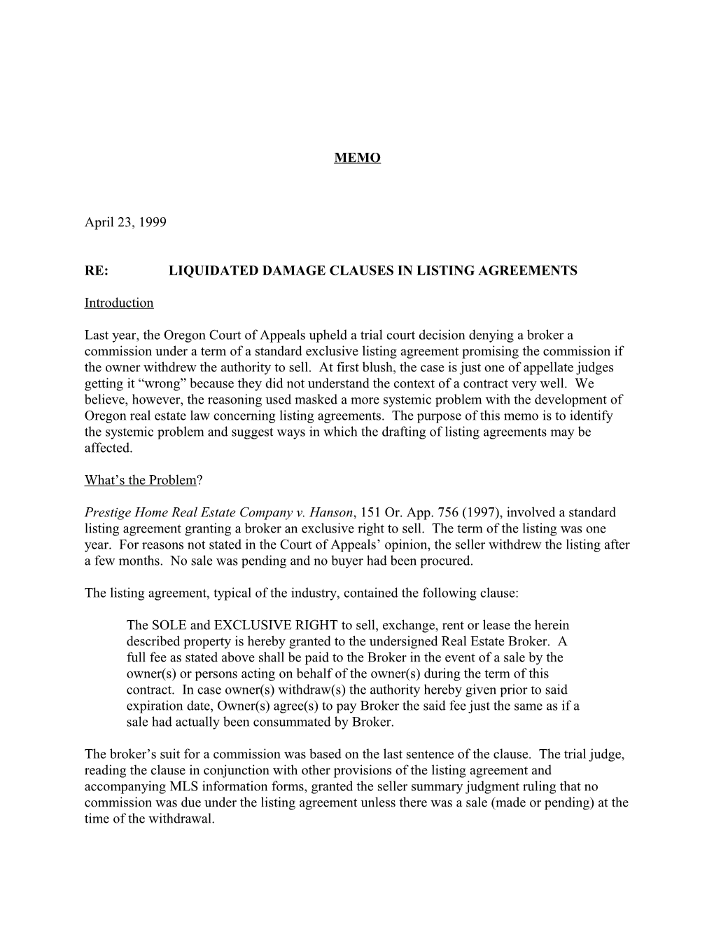 Re: Liquidated Damage Clauses in Listing Agreements