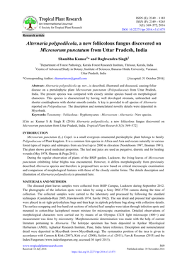 Alternaria Polypodiicola, a New Foliicolous Fungus Discovered on Microsorum Punctatum from Uttar Pradesh, India