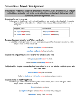 Grammar Notes: Subject / Verb Agreement