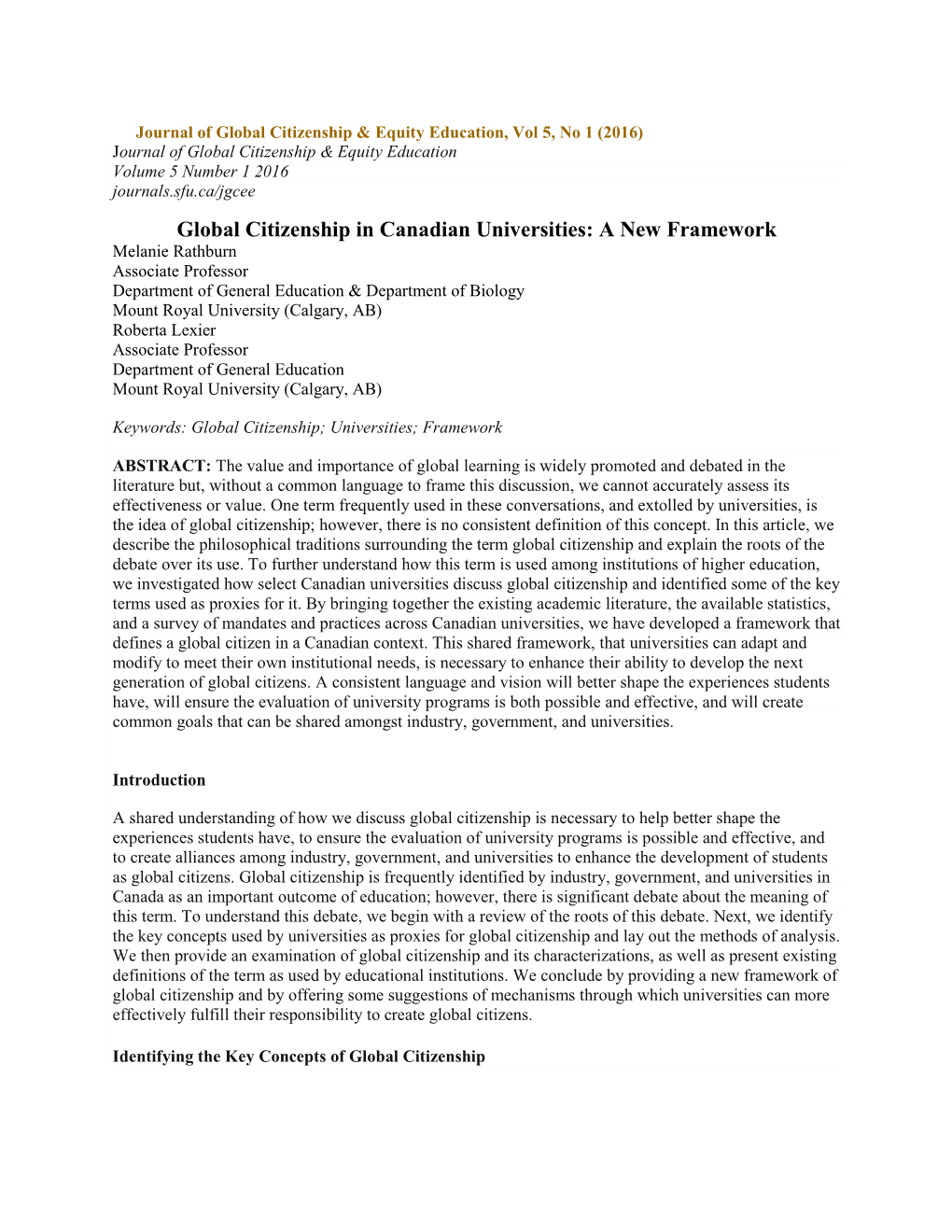 Global Citizenship in Canadian Universities: a New Framework