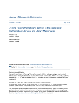 Joining ''The Mathematician's Delirium to the Poet's Logic'': Mathematical Literature and Literary Mathe