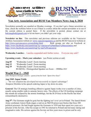 Van Arty Association and RUSI Van Members News Aug 4, 2020