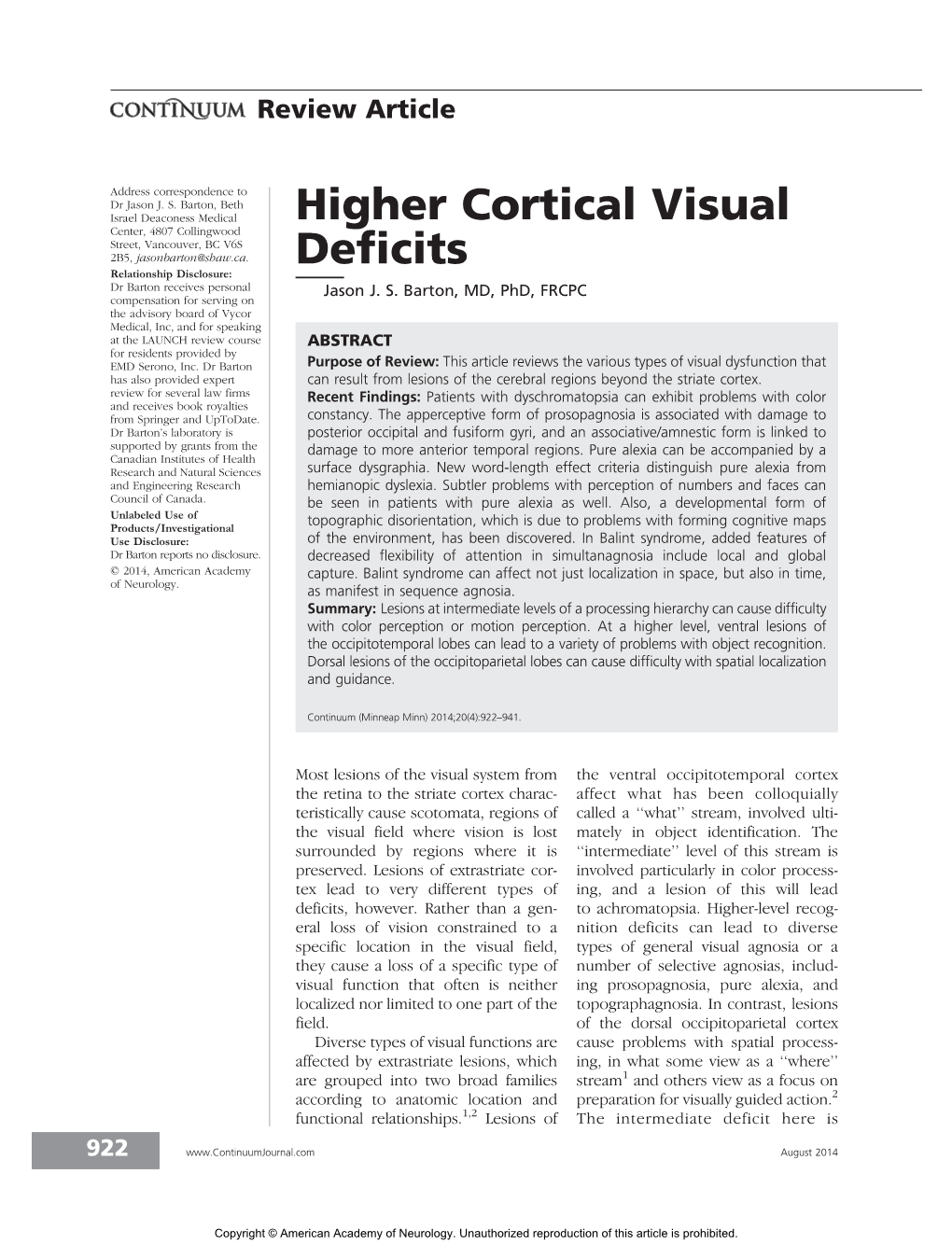Higher Cortical Visual Deficits