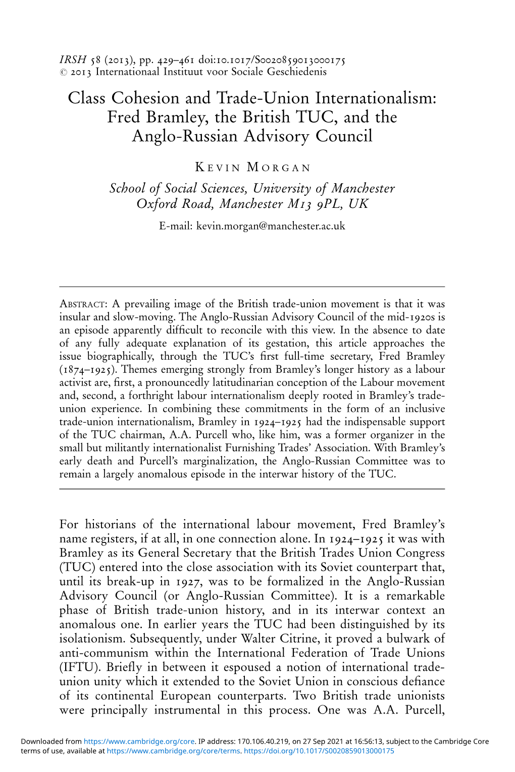 Class Cohesion and Trade-Union Internationalism: Fred Bramley, the British TUC, and the Anglo-Russian Advisory Council