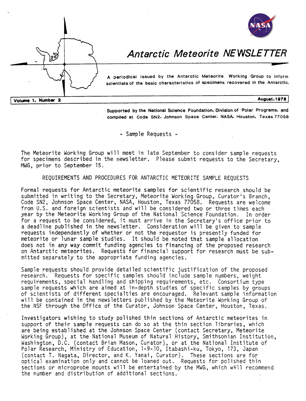 Antartic Meterorite Newsletter Volume 1