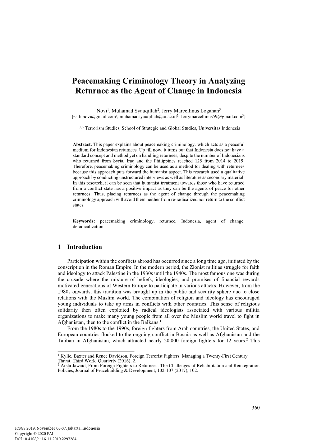 Peacemaking Criminology Theory in Analyzing Returnee As the Agent of Change in Indonesia