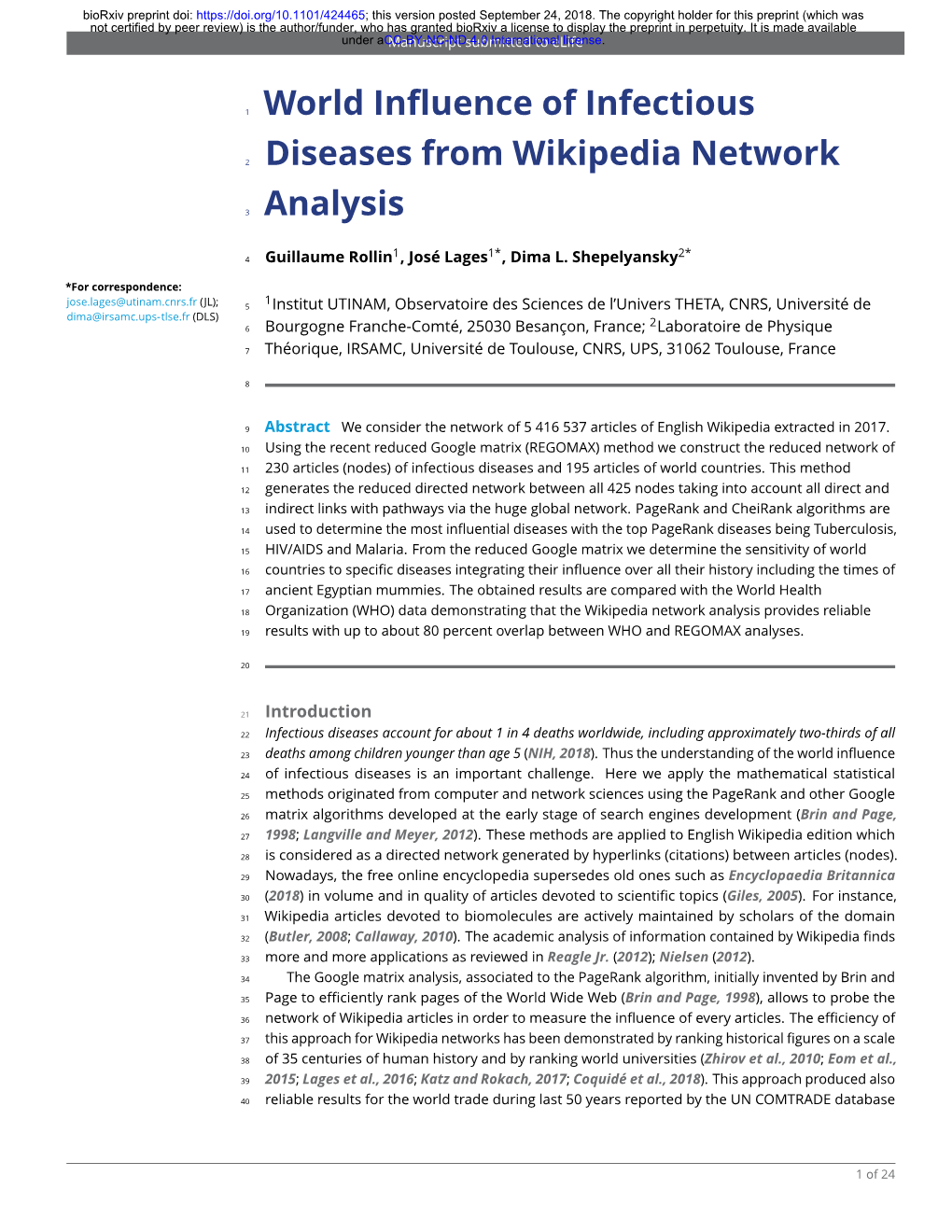 World Influence of Infectious Diseases from Wikipedia Network Analysis