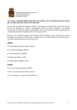 Acta De La Sesión Ordinaria Del Pleno Del Ayuntamiento De Grandas De Salime, Del Día 24 De Mayo De 2018