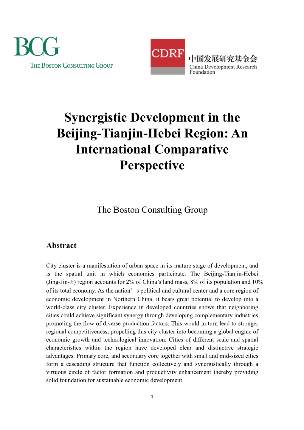 Synergistic Development in the Beijing-Tianjin-Hebei Region: an International Comparative Perspective