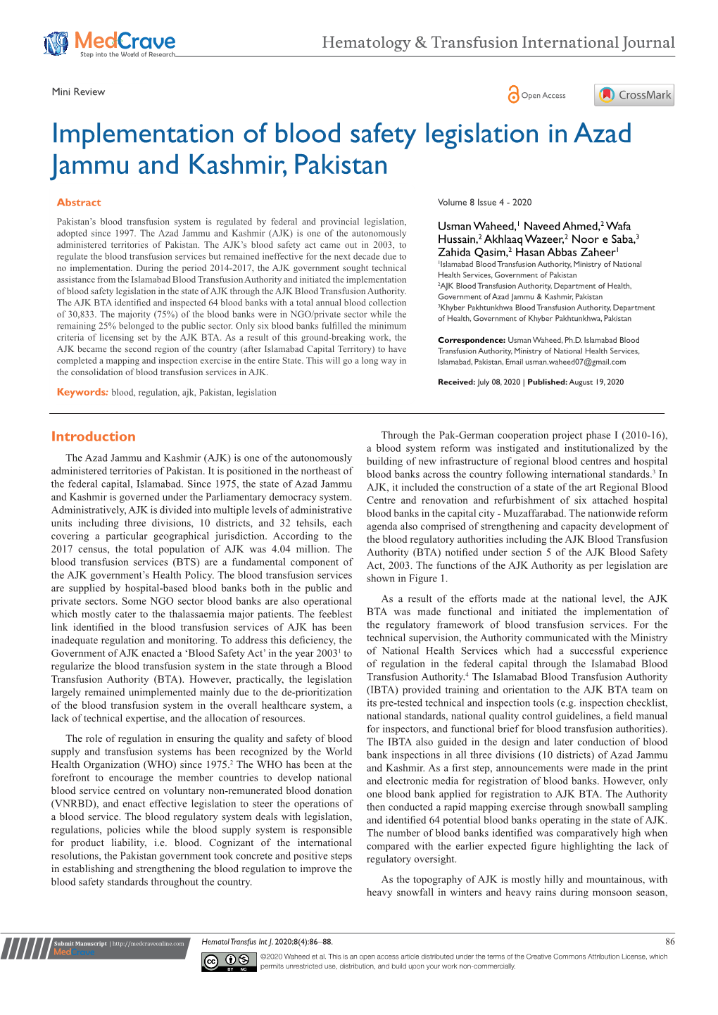 Implementation of Blood Safety Legislation in Azad Jammu and Kashmir, Pakistan