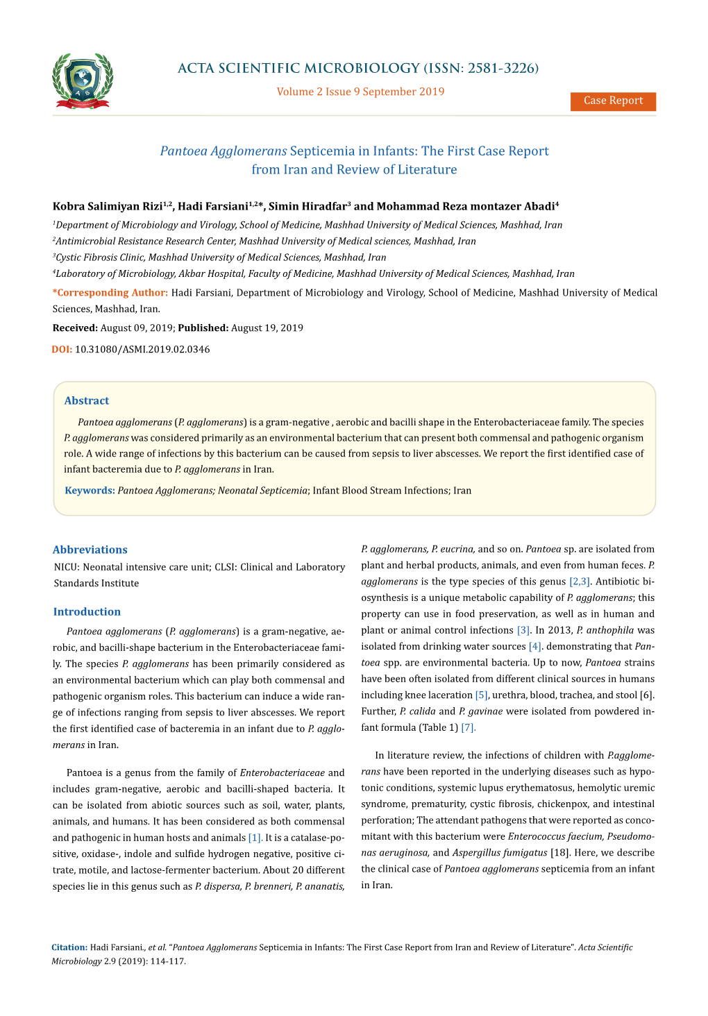 Pantoea Agglomerans Septicemia in Infants: the First Case Report from Iran and Review of Literature