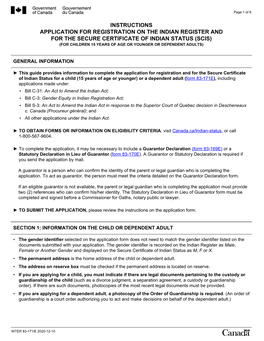 Instructions Application for Registration on the Indian Register and for the Secure Certificate of Indian Status (Scis)