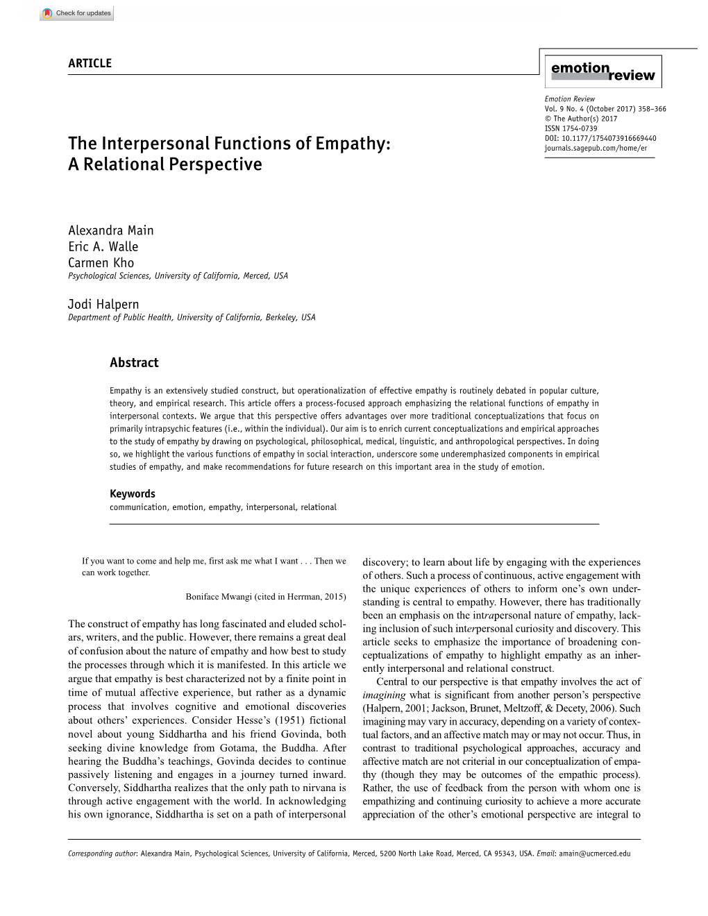 The Interpersonal Functions of Empathy: a Relational Perspective