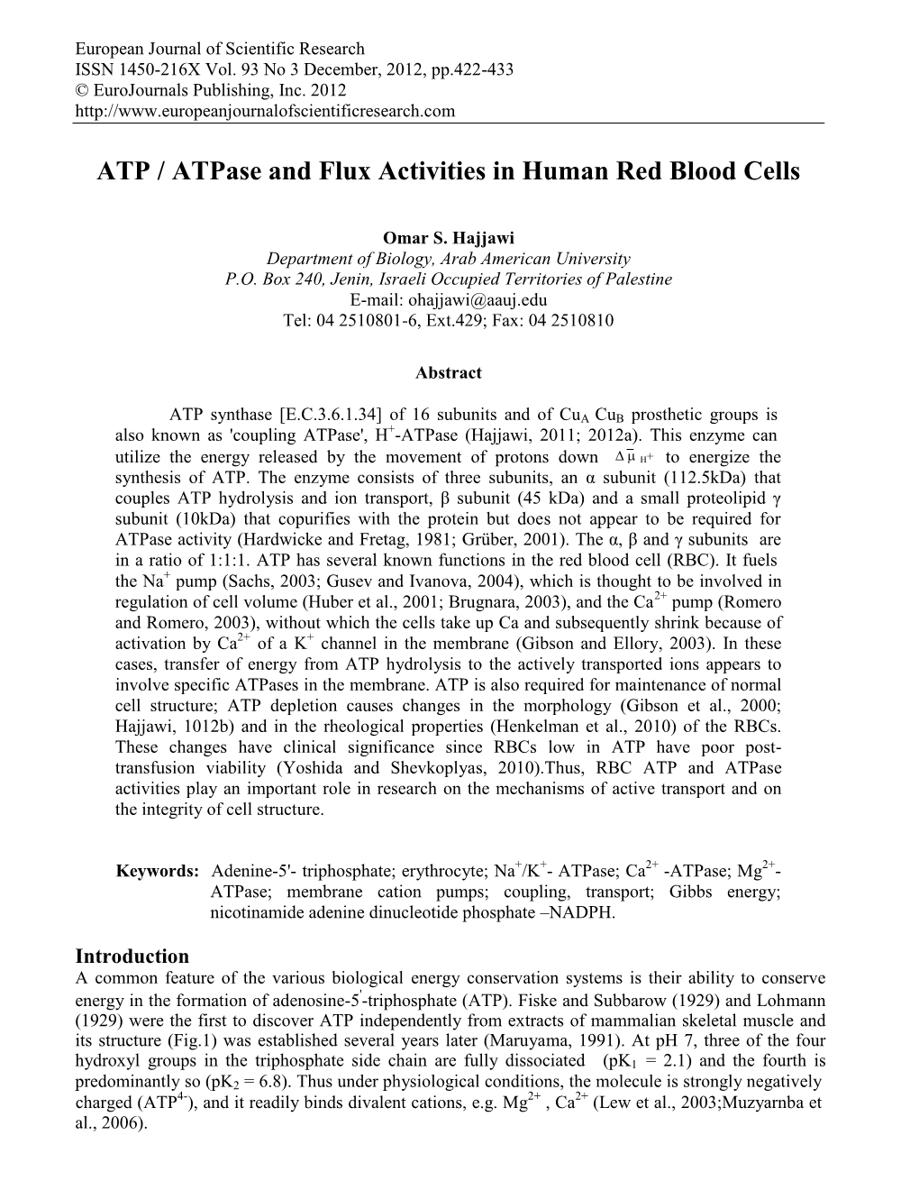 ATP / Atpase and Flux Activities in Human Red Blood Cells