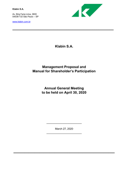Klabin S.A. Management Proposal and Manual for Shareholder's