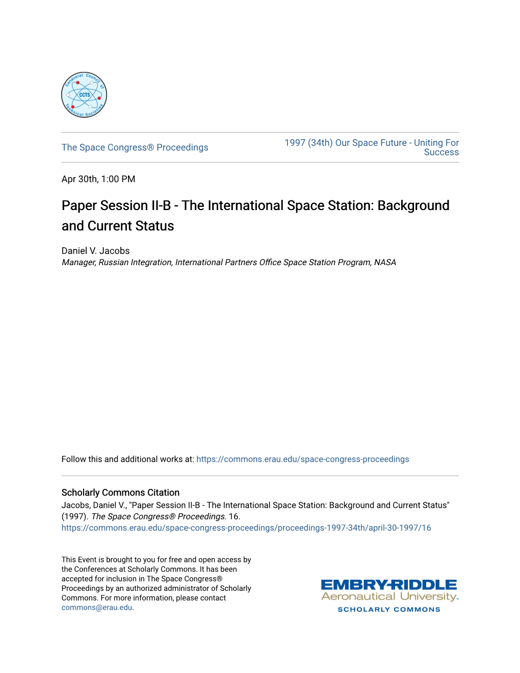 Paper Session II-B - the International Space Station: Background and Current Status
