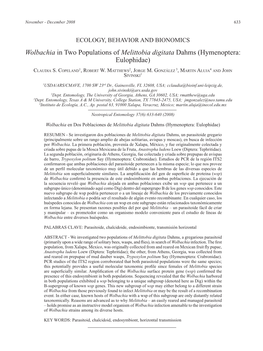 Wolbachia in Two Populations of Melittobia Digitata Dahms (Hymenoptera: Eulophidae)