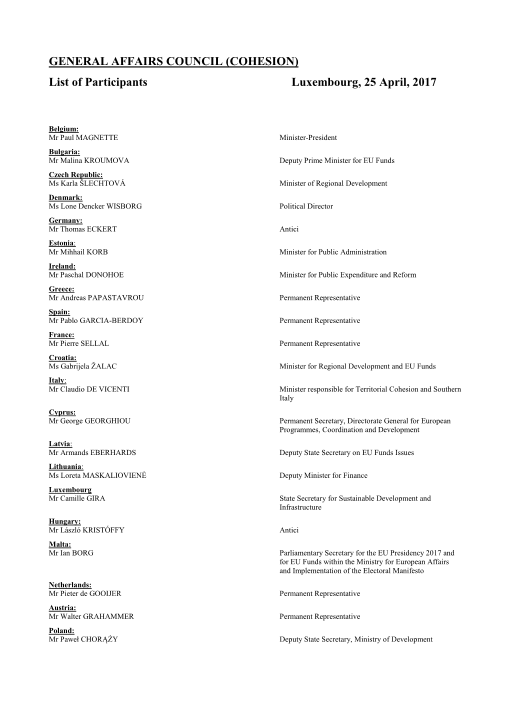 List of Participants Luxembourg, 25 April, 2017