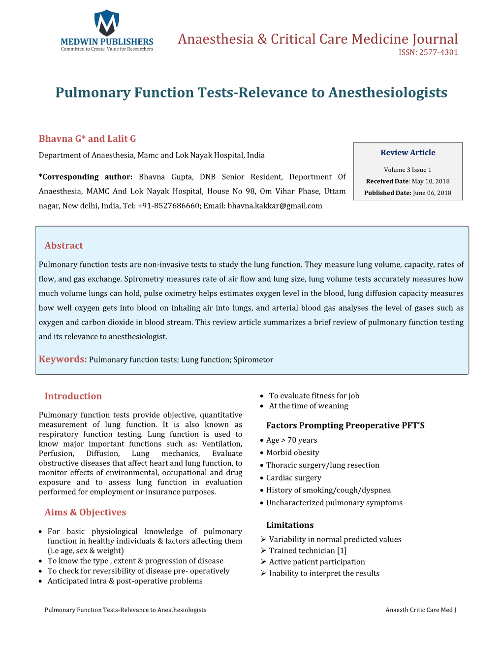 Pulmonary Function Tests-Relevance to Anesthesiologists