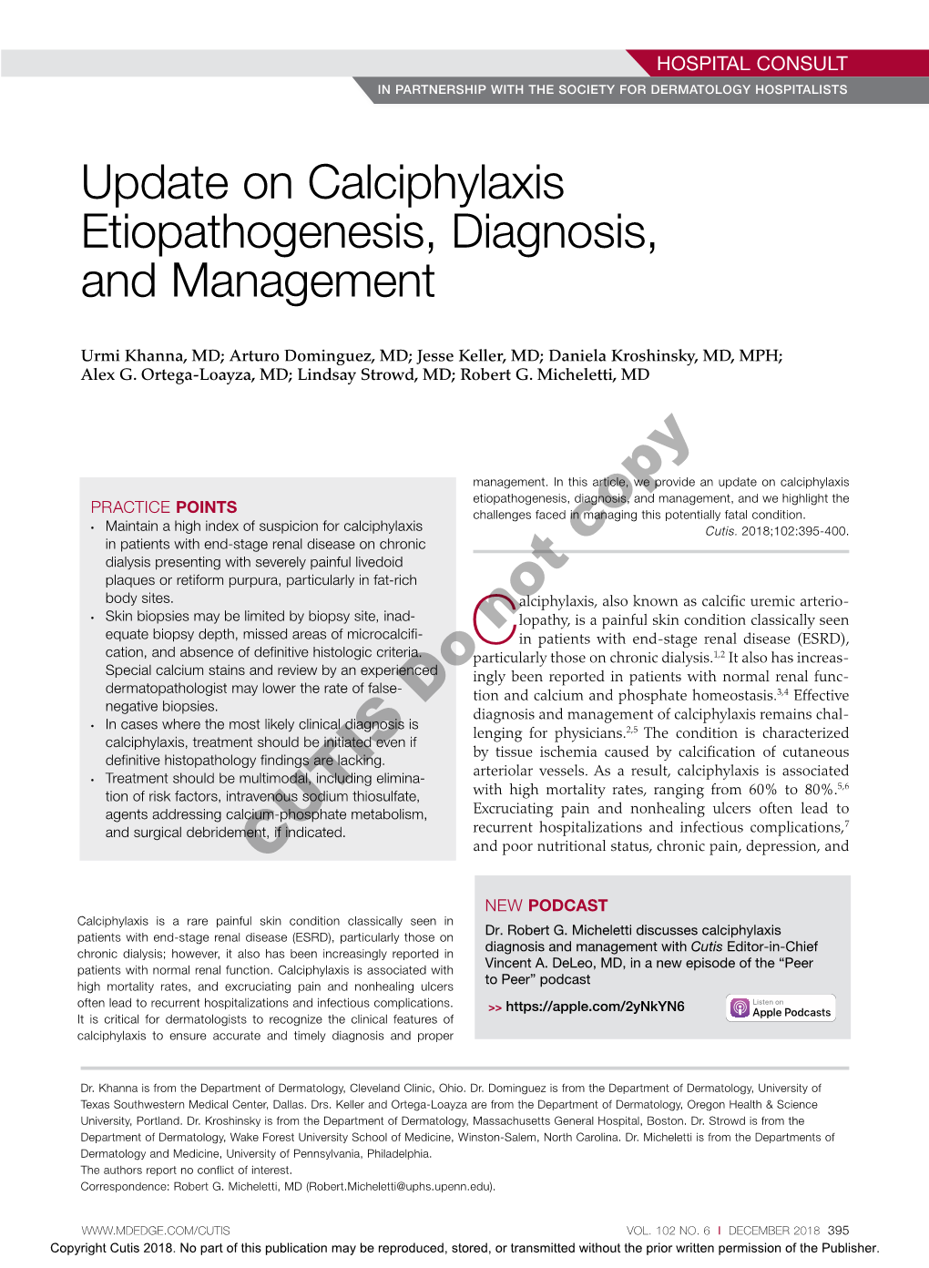 Update on Calciphylaxis Etiopathogenesis, Diagnosis, and Management