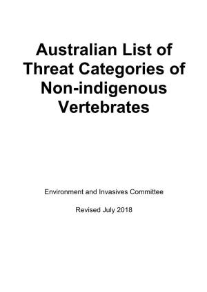 Australian List of Threat Categories of Non-Indigenous Vertebrates