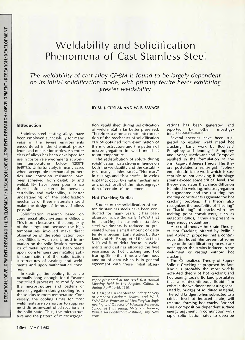 Weldability and Solidification Phenomena of Cast Stainless Steel
