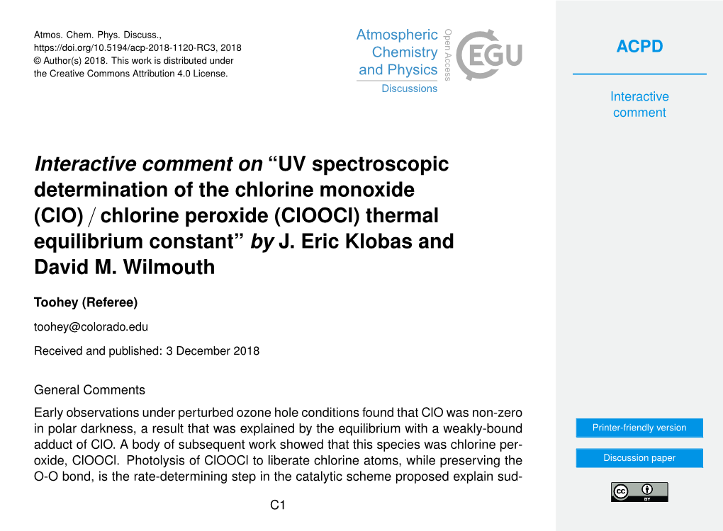 Interactive Comment on “UV Spectroscopic Determination of the Chlorine Monoxide (Clo)/Chlorine Peroxide (Cloocl) Thermal Equil