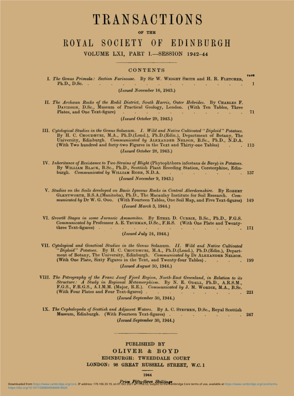 Transactions of the Royal Society of Edinburgh Volume Lxi, Part I.—Session 1942-44