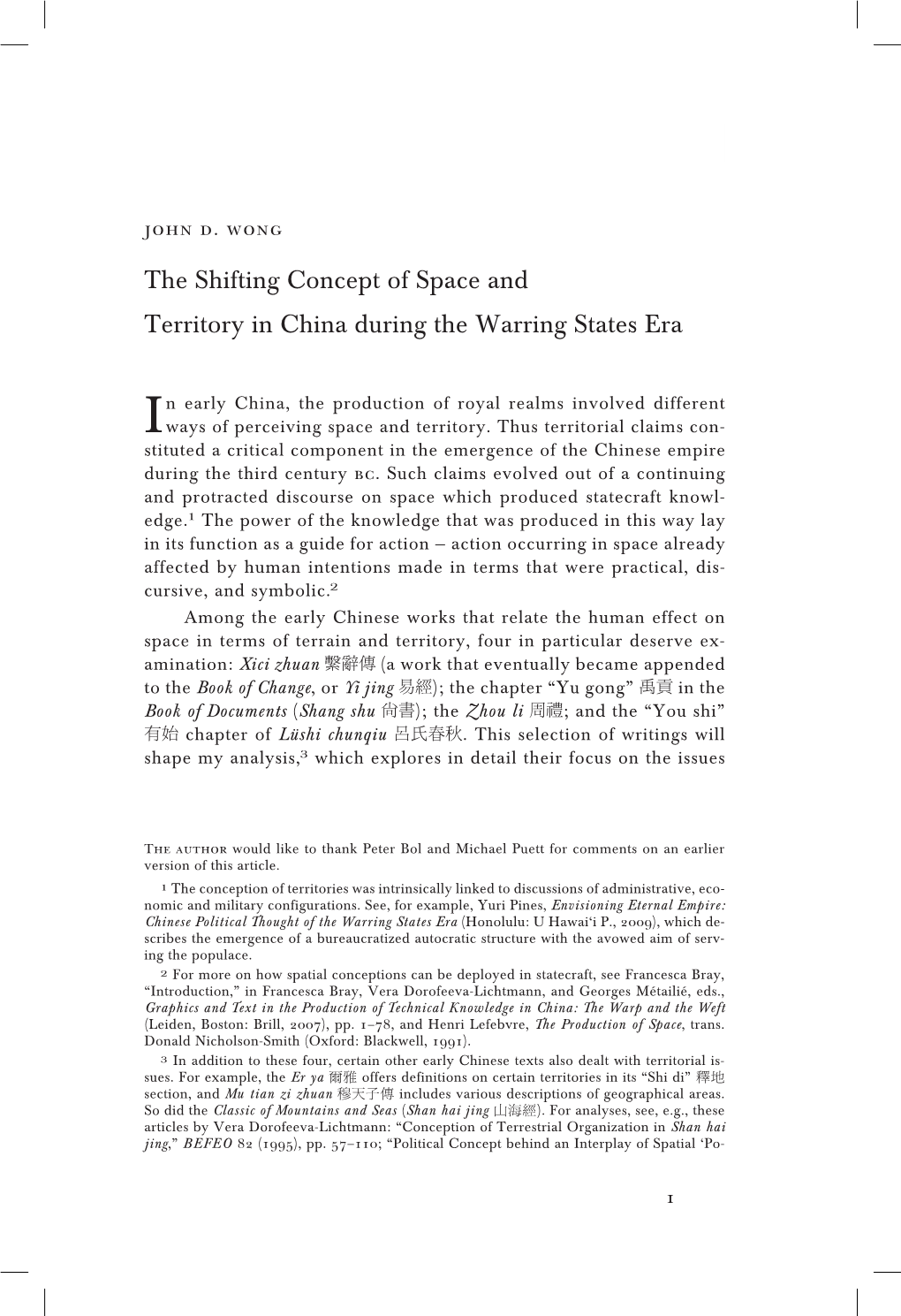 The Shifting Concept of Space and Territory in China During the Warring States Era