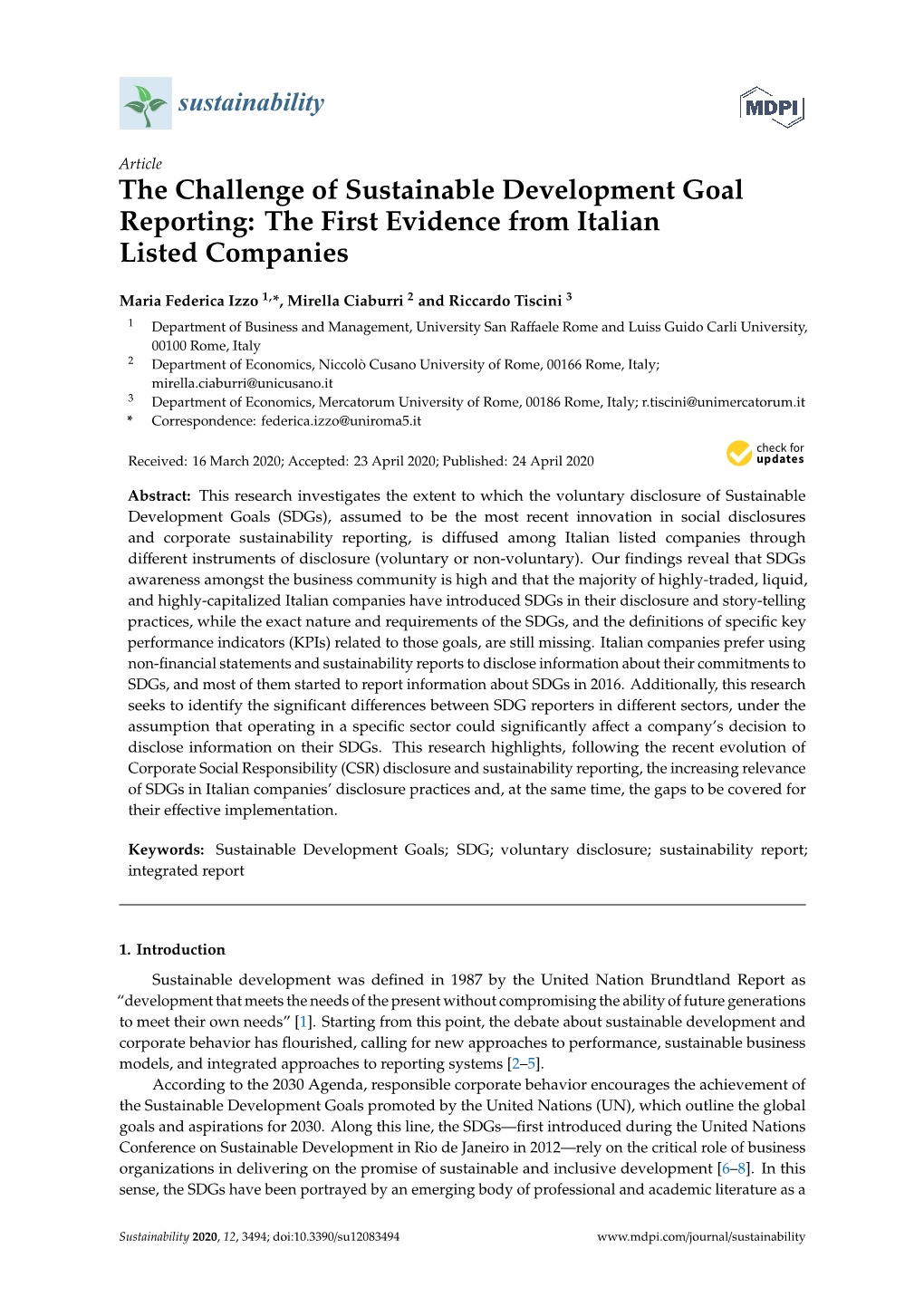 The Challenge of Sustainable Development Goal Reporting: the First Evidence from Italian Listed Companies